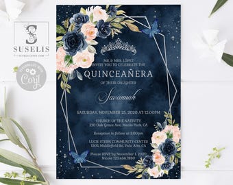 EDITABLE Quinceanera Invitation Template, Navy Blue Flowers, Butterfly, Mis Quince, Sweet 16, Sixteen, Printable, Instant Download, QU064
