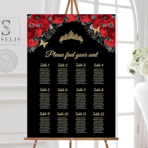 EDITABLE Seating Chart Template, Table Plan, Black Red Flowers, Quinceañera, 16th 18th Birthday, Wedding, Instant download Printable, QU171