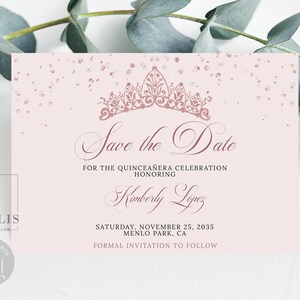 Editable Rose Gold Save the Date Card Template, Glitter, Quinceañera, Sweet 16, Mis Quince, 15th Birthday, Printable Instant Download, QU126