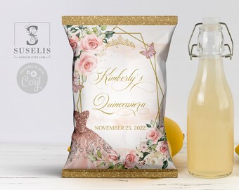 EDITABLE Quinceañera Chip Bag Template, Blush Pink Butterfly Bag, Mis Quince, 15th Birthday, Party Favors, Instant Download, QU054B