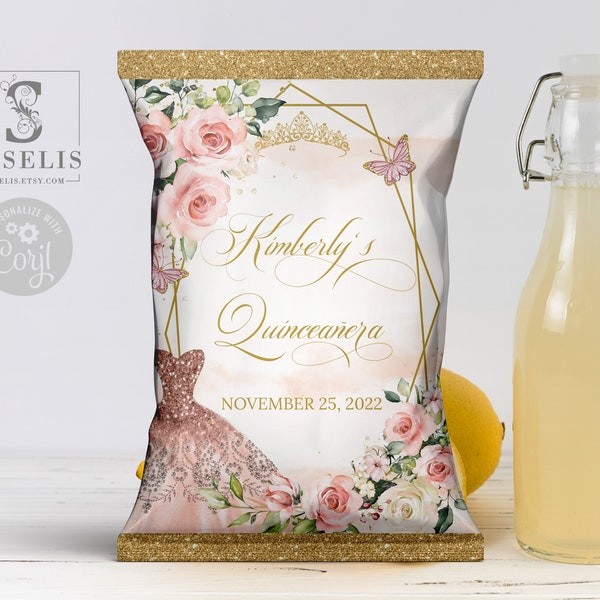 EDITABLE Quinceañera Chip Bag Template, Blush Pink Butterfly Bag, Mis Quince, 15th Birthday, Party Favors, Instant Download, QU054B