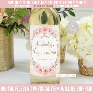 EDITABLE Wine Bottle Labels, Blush Pink Theme, Quinceanera, Mis Quince, Favor labels, Corjl Template, Instant Download, Digital, QU166