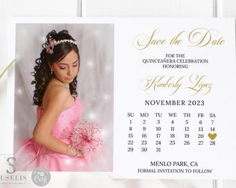 May include: A Save the Date card for a Quinceañera featuring a photograph of a person in a pink dress and a calendar for November 2023. The text reads Save the Date for the Quinceañera celebration honoring Kimberly Lopez, November 2023, Menlo Park, CA.