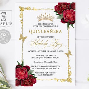 EDITABLE Quinceanera Invitation & Back Template, Ruby Red Roses Flowers, Sweet Sixteen, Wedding, Instant Download, Printable, QU182