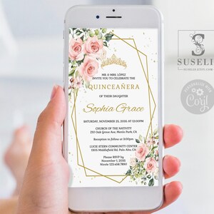 EDITABLE Evite Quinceanera Invitation Template, Blush Pink Flowers, Electronic, iPhone, SMS, Email, Phone, Printable Instant download, SU022
