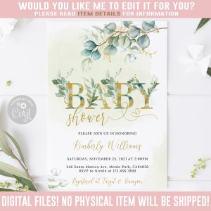 EDITABLE Eucalyptus Baby Shower Invitation Corjl Template - Etsy