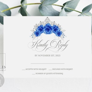 EDITABLE TEMPLATE RSVP Card, Kindly Reply, Royal Blue Silver Flowers, Quinceanera, Quince, Sweet Sixteen, Printable, Instant Download, QU091