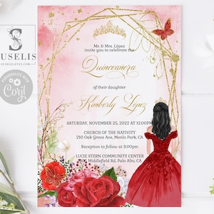 EDITABLE Quinceanera Invitation Template, Gold Red Flowers, Butterfly, Sweet 16, Mis Quince, 15th Birthday, Printable Instant Download QU174