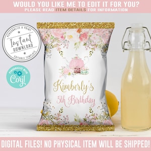EDITABLE Tea Party Birthday Chip Bag, Corjl Template, Watercolor Brewing Tea Bag, Instant Download Tea Party Favors, Digital file, 10-107