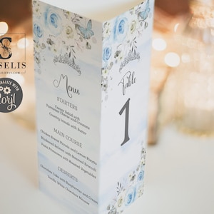 EDITABLE Tri-fold Table Stand Template, Baby Blue Floral, Trifold Table Number, Menu, Wedding, Mis Quince, Sweet 16, Instant, QU166
