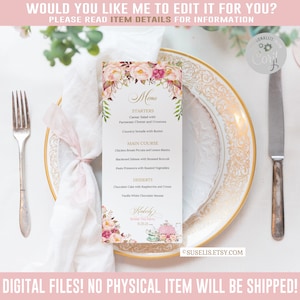EDITABLE Menu Tea Party Bridal Shower, Corjl Template, Blush Flowers, Gold, Any Event, Quinceanera, Baby Shower, Instant Download, SU018