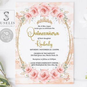 EDITABLE Quinceanera Invitation Template, Blush Pink Flowers, Gold Glitter, 15th Birthday, Sweet 16, Printable, Instant Download, QU166