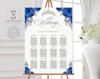 EDITABLE Seating Chart Template, Table Plan, Royal Blue Flowers, Floral Seating Chart, Edit Yourself, Printable, Instant download, QU121B