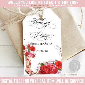 Editable Western Quinceanera Favor Tag, Red Rose, Gift tag, Mis Quince, 15th Birthday, Butterfly, Corjl Template, Instant Download, QU080