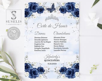 EDITABLE Court of Honor Template, Navy Blue Flowers, Lista de Padrinos, List of Godparents, Butterfly, Mis Quince 15th Birthday, QU084