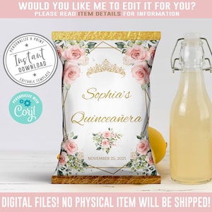 EDITABLE Quinceañera Chip Bag, Blush Pink, Gold Tiara, Mis Quince, 15th Birthday, Party Favors, Corjl Template, Instant Download, SU022A