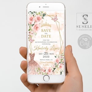 Editable Save the Date Template, Blush Pink Flowers, Text Invite, Quinceañera Sweet 16, Evite, SMS Email, Printable Instant download, QU054B