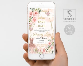 Editable Save the Date Template, Blush Pink Flowers, Text Invite, Quinceañera Sweet 16, Evite, SMS Email, Printable Instant download, QU054B