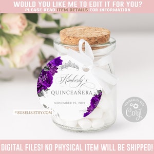 Editable Quinceanera Tag, Thank You, Purple, Gift tag, Mis Quince Anos, 15th Birthday, Butterfly, Corjl Template, Instant Download QU121F