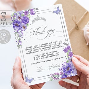 Editable Thank you Card Template, Purple Flowers, Silver, Butterfly, Quinceañera, Sweet Sixteen, Printable, Instant Download, QU070