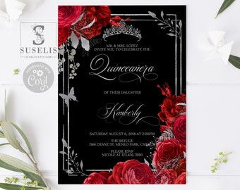 EDITABLE Template Quinceanera Invitation, Black Red Roses Flowers, Butterfly, Mis Quince, Sweet Sixteen, Printable Instant Download QU140