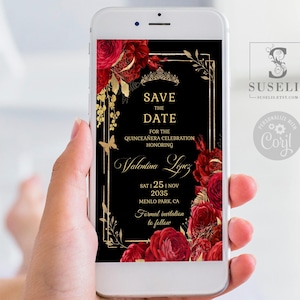 Editable Save the Date Template, Ruby Red Flowers, Text Invite, Quinceañera, Sweet 16, Evite, SMS Email, Printable Instant download, QU140