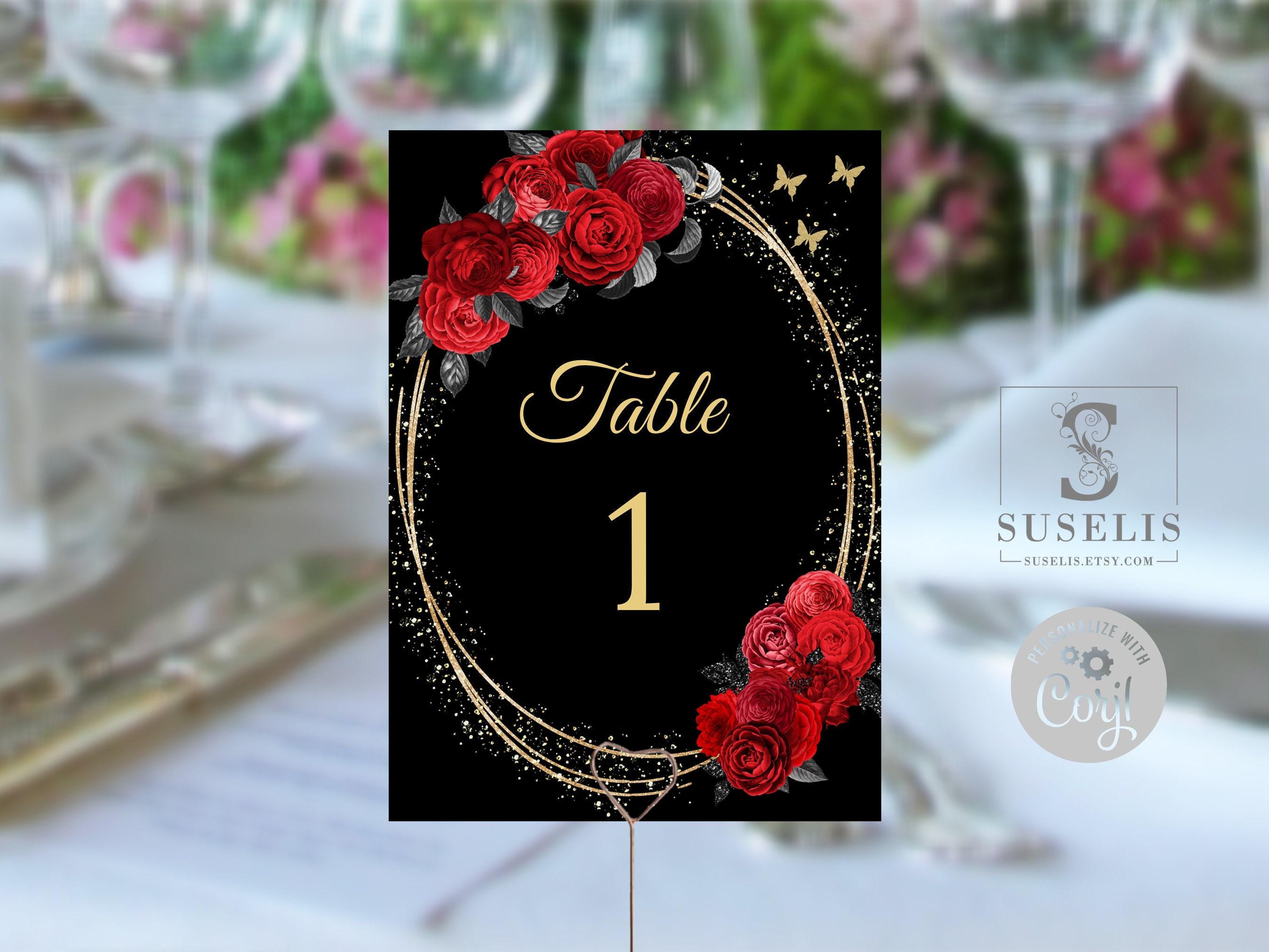 Number 16 Roses Shape EDITABLE Table Numbers Template, Black Red Roses Flowers, Quinceanera ...
