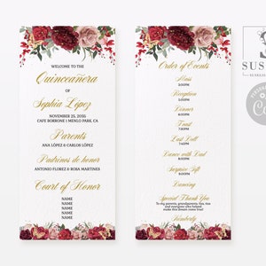 EDITABLE Program Template, Burgundy Flowers, Butterfly, Quinceañera, 15th Birthday, Sweet 16, Mis Quince, Printable, Instant Download, QU114