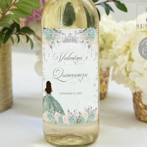 EDITABLE Quinceañera Wine Bottle Labels, Dusty Green Flowers, Mis Quince, Favor labels, Tiara, Corjl Template Instant Download Digital QU183