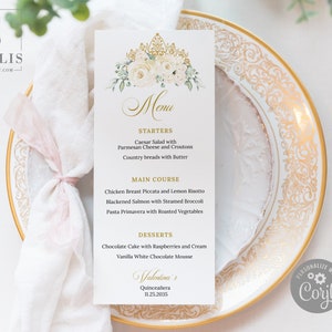 EDITABLE Menu Template, White Flowers, Quinceanera, Sweet 16, Sweet 16, Mis Quince Anos, 15th Birthday, Printable Instant Download, QU021