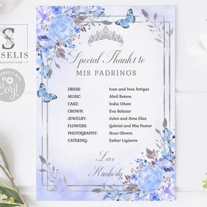 EDITABLE Mis Padrinos List, Special Thanks, Baby Blue Flowers, Butterfly, Mis Quince Anos, 15th Birthday, Corjl Template, Instant QU058