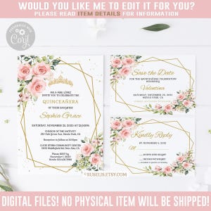 EDITABLE Suite Quinceanera Invitation, Save the Date, RSVP, Blush Floral, Butterfly, Mis Quince Anos Corjl Template, Instant Download SU022A