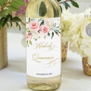 EDITABLE Wine Bottle Labels Template, Blush Pink Flowers, Quinceañera, Sweet Sixteen, Favor labels, Printable, Instant Download, QU020