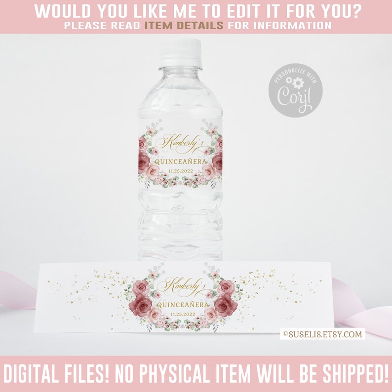 EDITABLE Water Bottle Labels Quinceanera Baby Shower Red Etsy
