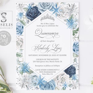 EDITABLE Winter Quinceanera Invitation & Back Template, Blue Flowers, Snowflakes, Mis Quince, Sweet 16, Printable, Instant Download, QU110