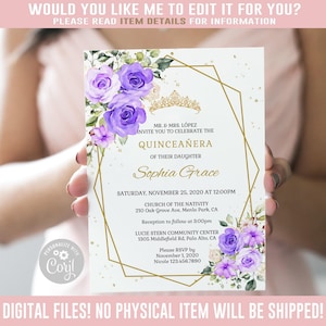EDITABLE Quinceanera Invitation, Watercolor Floral Purple Theme, Mis Quince Anos, 15th Birthday, Corjl Template, Instant Download, SU022C