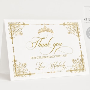 Editable Template Thank you Card, Folded, Gold Ornaments, Wedding, Quinceanera, Mis Quince 15th Birthday, Printable, Instant Download, QU202