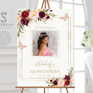 EDITABLE Photo Quinceañera Welcome Sign, Template, Burgundy Flowers, Sweet Sixteen, Signage, Wedding Sign, Instant Download QWLC002