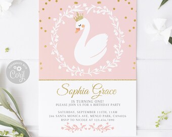 May include: A pink and white birthday invitation card featuring a white swan wearing a gold crown inside a white floral wreath. The card includes gold polka dots, the name Sophia Grace, and party details in gold and black text on a white background.