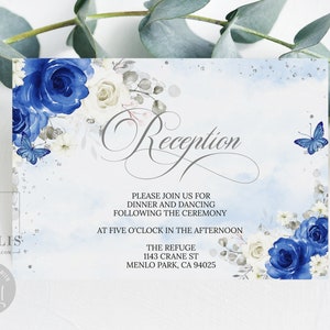 Editable Reception Card, Royal Blue Roses, Rustic, Inserts card, Enclosure, Mis Quince Anos 15th Birthday, Template, Instant Download QU084