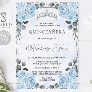 EDITABLE Quinceanera Invitation Template, Blue Flowers, Butterfly, Sweet 16, Mis Quince, 15th Birthday, Printable, Instant Download, QU173