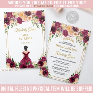 EDITABLE Quinceanera Invitation + Back, Burgundy Peach Plum Gold Floral, Mis Quince Anos, 15th Birthday, Corjl Template, Instant, QU131