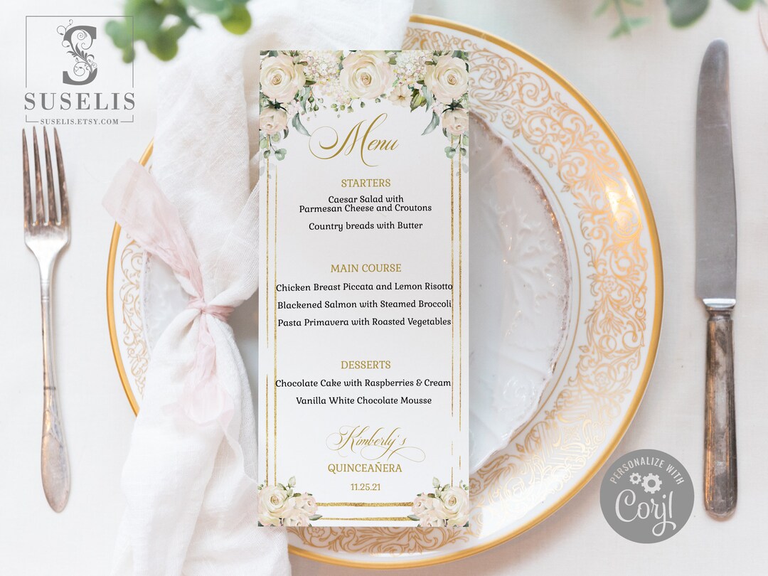 EDITABLE Menu Quinceanera Sweet 16 White Flowers Gold - Etsy