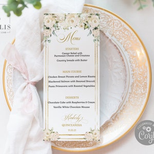 EDITABLE Menu Template, Quinceanera, Sweet 16, White Flowers, Gold, Butterfly, Mis Quince, 15th Birthday, Printable, Instant Download, SU029