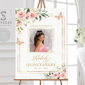 EDITABLE Photo Quinceañera Welcome Sign, Template, Blush Flowers, Sweet Sixteen, Wedding, Poster, Signage, Instant Download QWLC002