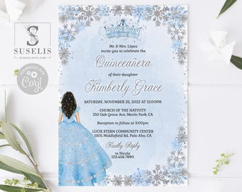 Editable Winter Wonderland Quinceanera Invitation, Snowflakes QU179