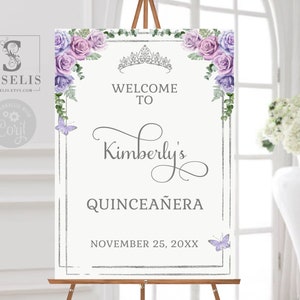 EDITABLE Template Quinceañera Welcome Sign, Purple Flowers, Sweet 16, Signage, Poster, Mis Quince, Sweet Sixteen, Instant Download, QU111