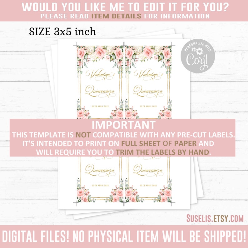EDITABLE Quinceañera Wine Bottle Labels Corjl Template Blush Etsy