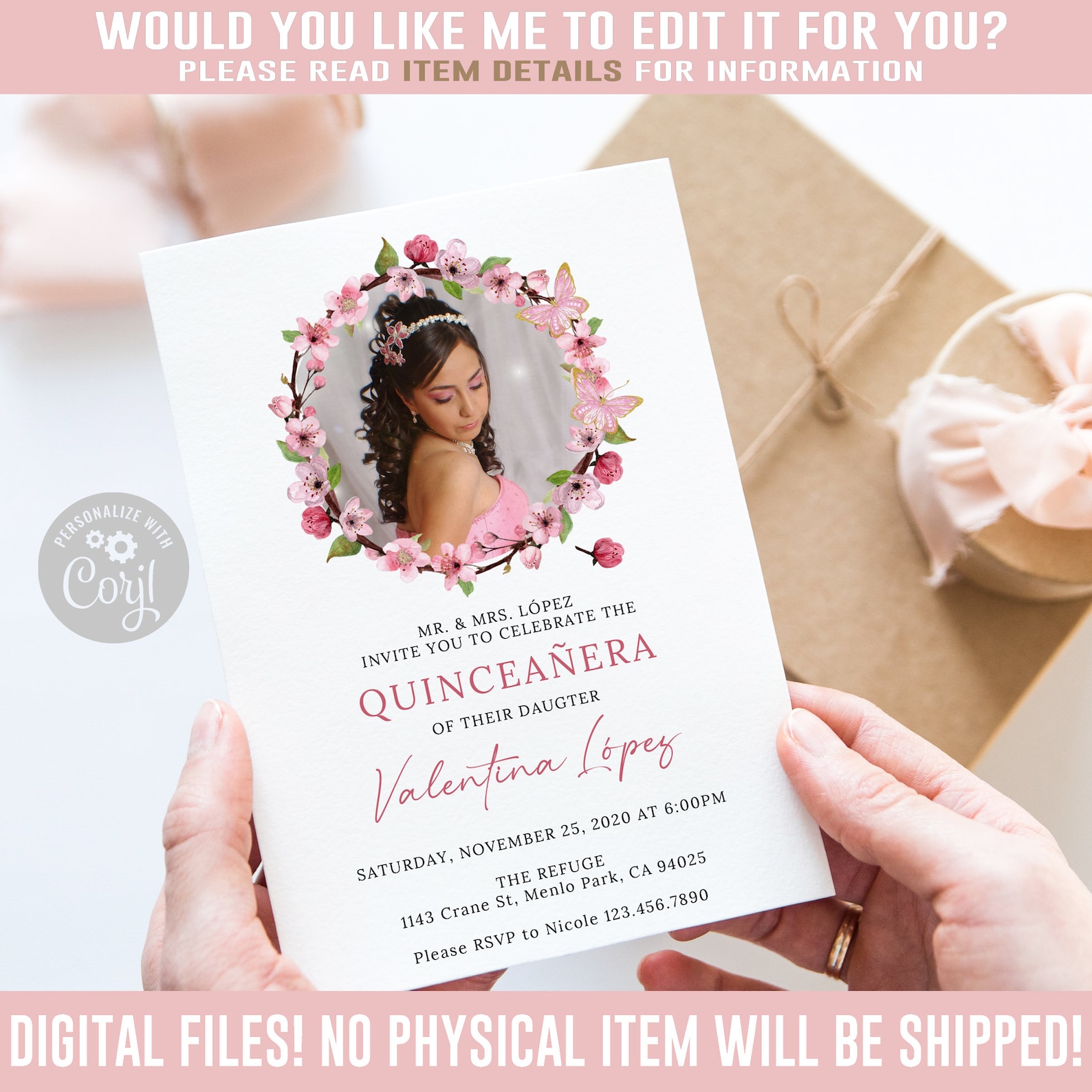 EDITABLE Cherry Blossom Quinceanera Invitation Corjl Etsy