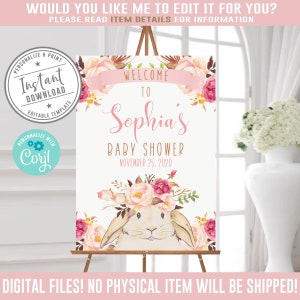 Editable Welcome to Baby Shower sign, Bunny Theme, Corjl Template, Floral Baby Shower Signage, Boho, Instant Download, DIGITAL FILES, BS001